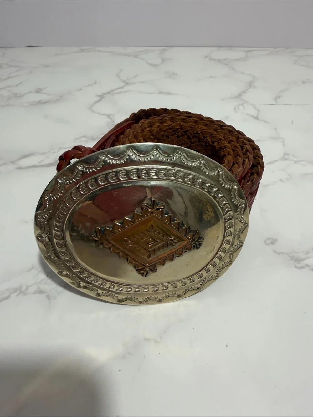 Vintage Woven Brown Leather Belt with Decorative Silver-Tone Buckle - M